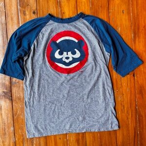 Chicago CUBS Gildan Heather Gray Body with Blue Raglan Trim Tee Womens L